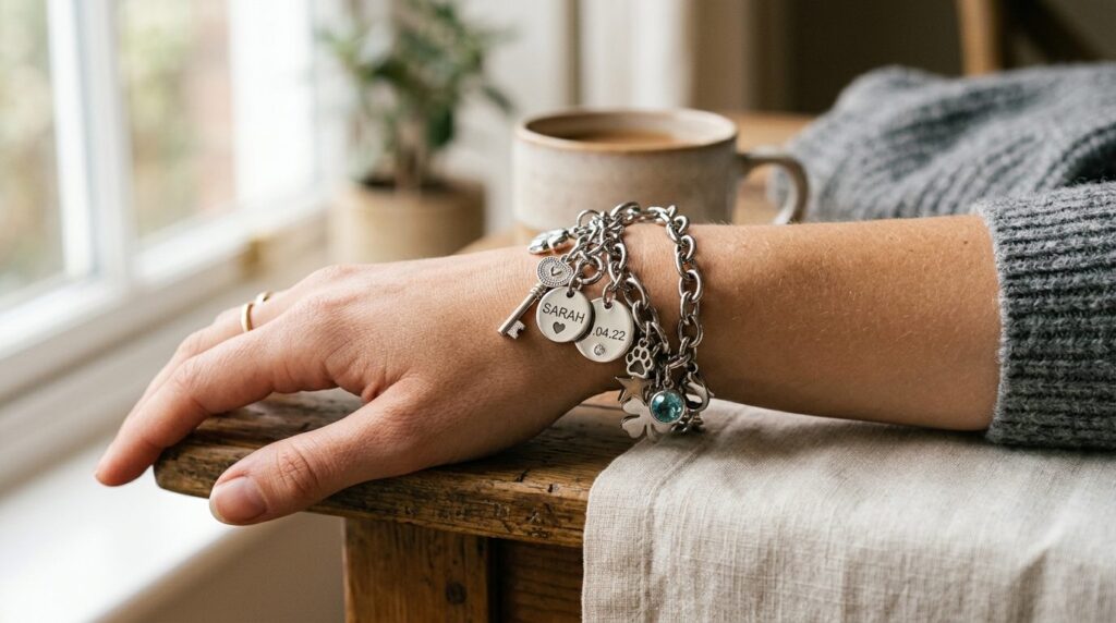 Close-up detail shot of a womans wrist wearing a stainless 