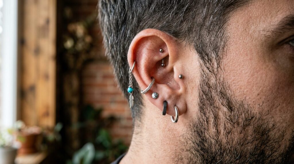 Close-up photorealistic detail shot of mens ear piercings s