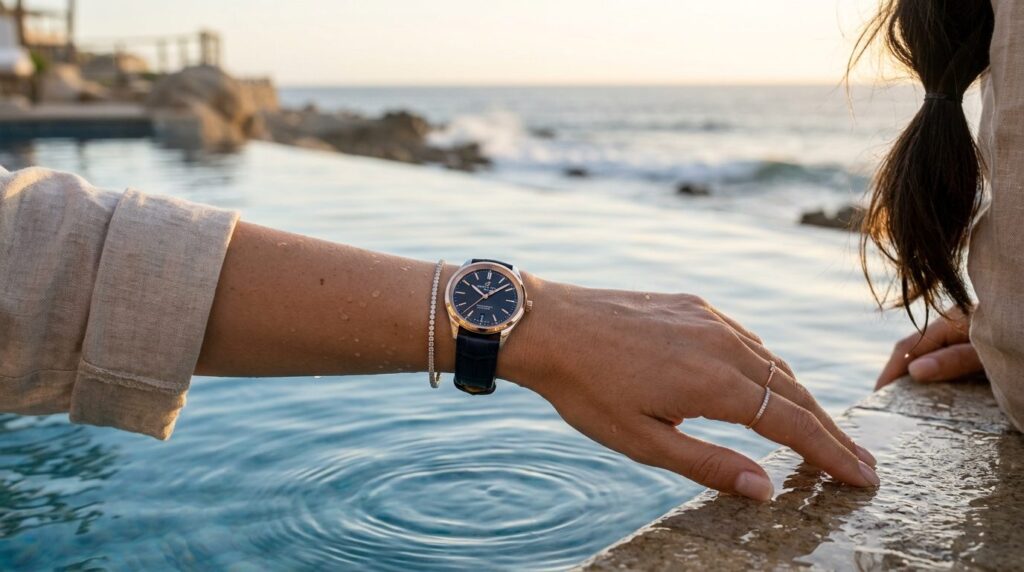 Elegant lifestyle photograph of a womans wrist wearing a lu