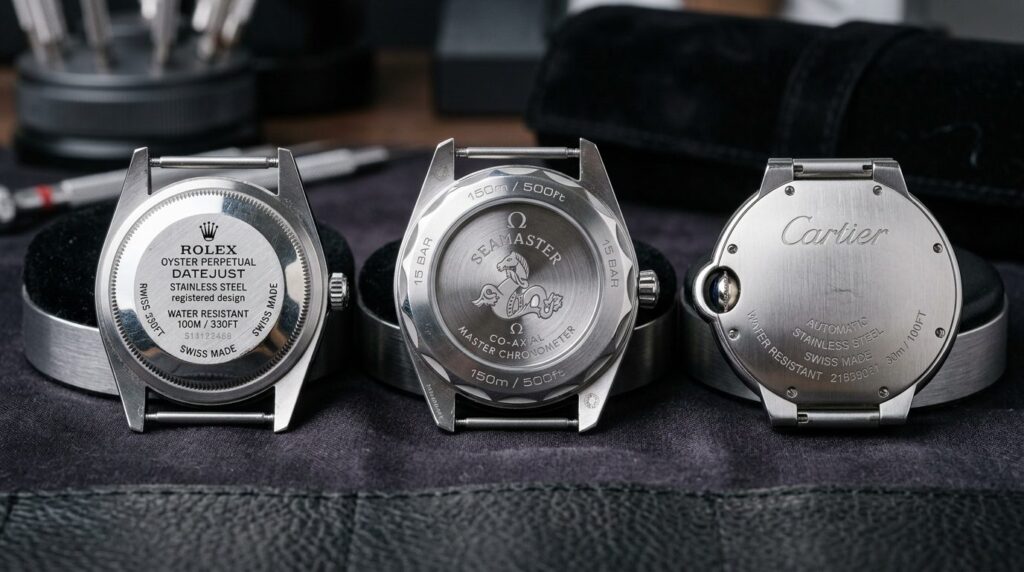 Detailed close-up macro photography of watch caseback and wa