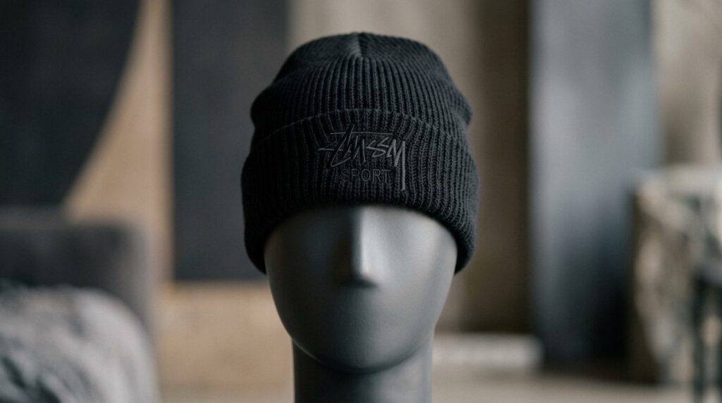 Close-up detail shot of black Stussy sport skullcap showing 
