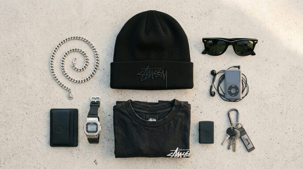 Flat lay fashion composition featuring black Stussy deboss b